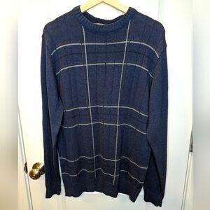 Oscar de la Renta Navy Blue Windowpane Plaid Crewneck Sweater Size Medium